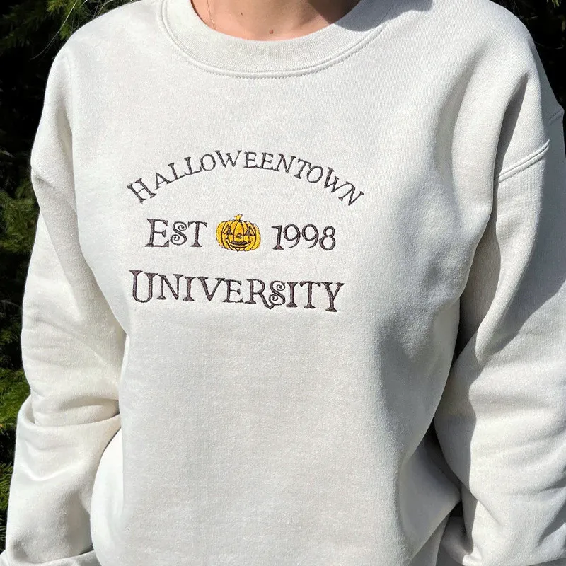 

Halloween Town EST.1998 University Pumpkin Embroidered Women Sweatshirts Khaki Loose Cotton Autumn Winter Thick Fleece Pullovers