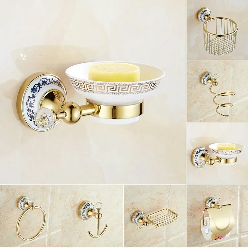 

NEW2023 Bathroom Accessories Wall Mounted Paper Holder Toilet Gold Towel Ring Soap Box Cup Holder Luxury Ceramic Bathroom Hardwa
