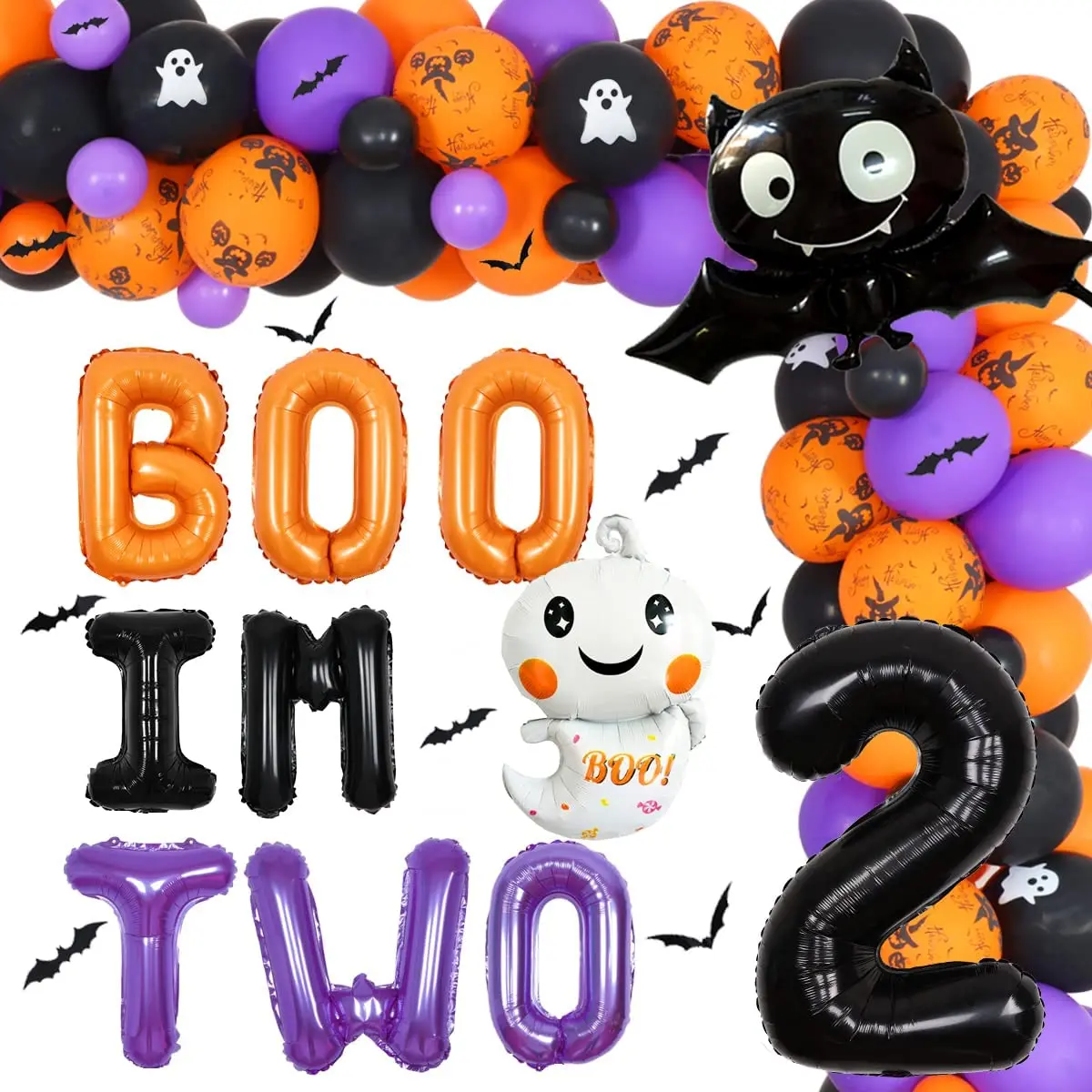 

Halloween 2nd Birthday Decoration Boys Girls Orange Purple BOO IM TWO Balloon Garland Kit 3D Bat Ghost for Second Bday Supplies