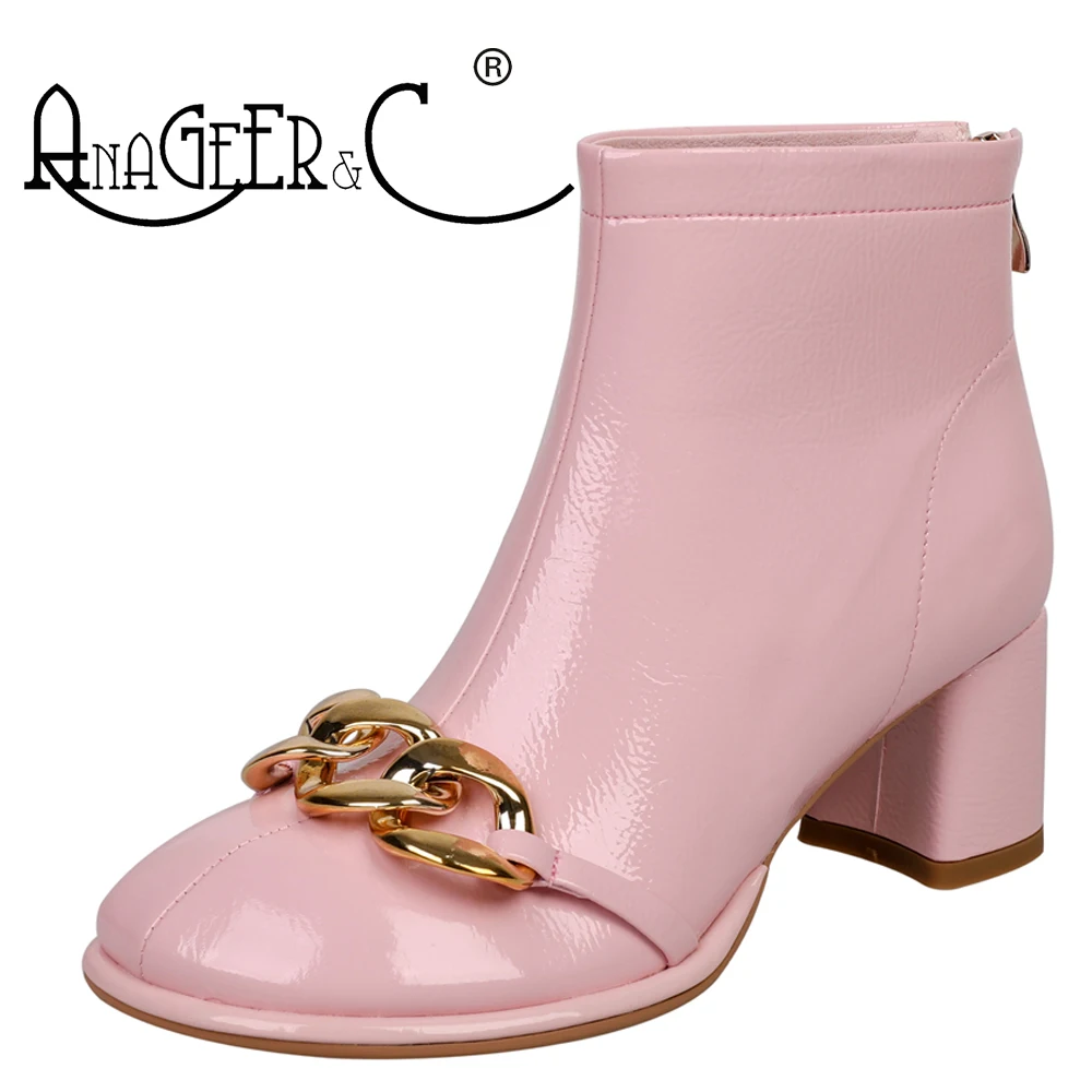 

ANAGEER&C Large Toe Crinkled Patent Leather Round Toe Back Zip Design Gold Chain Detail Chunky Heel Fashion Week Women's Booties