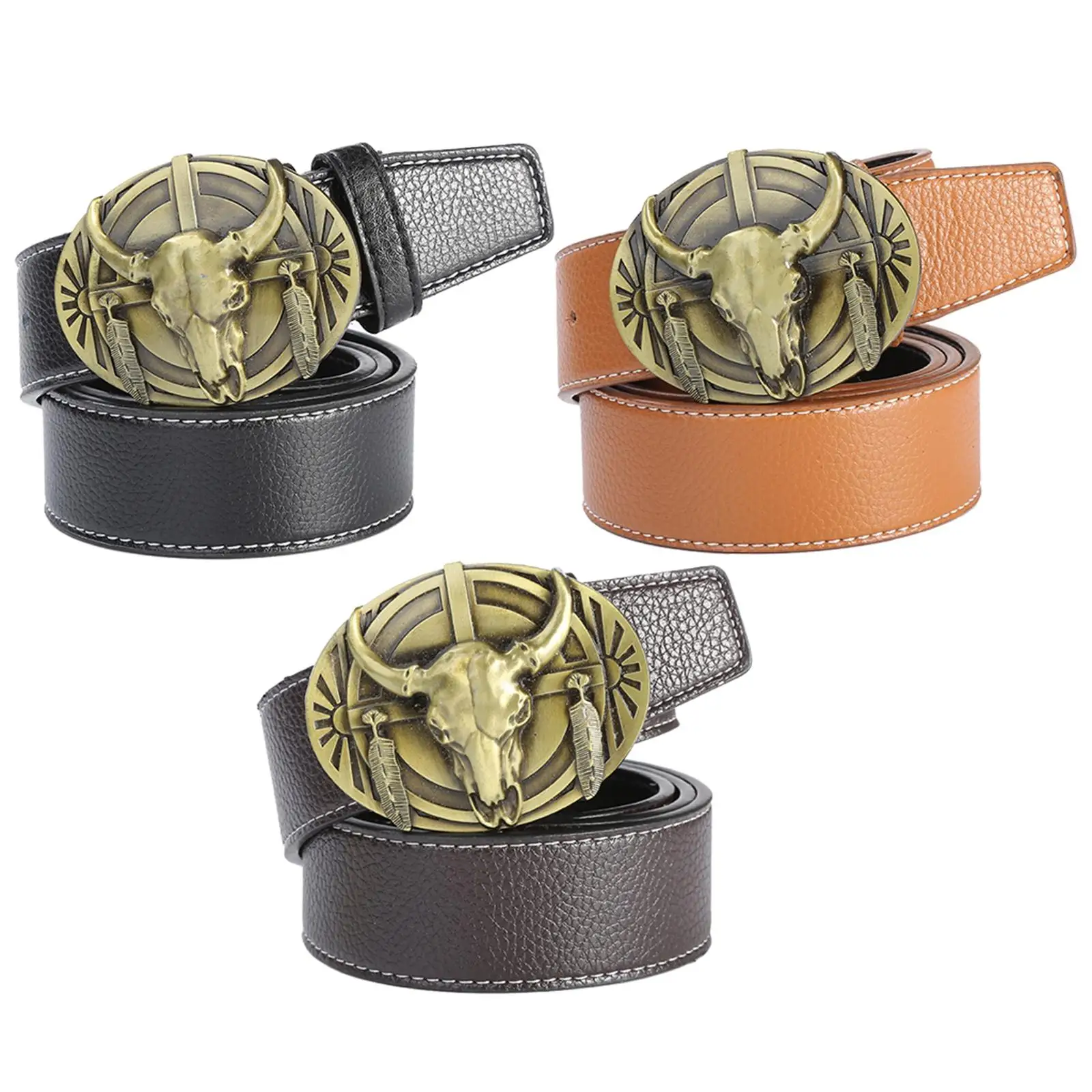

Western Men'Waist Belt PU Leather Fashion Vintage Bull Head Buckle for Jeans Cowboy