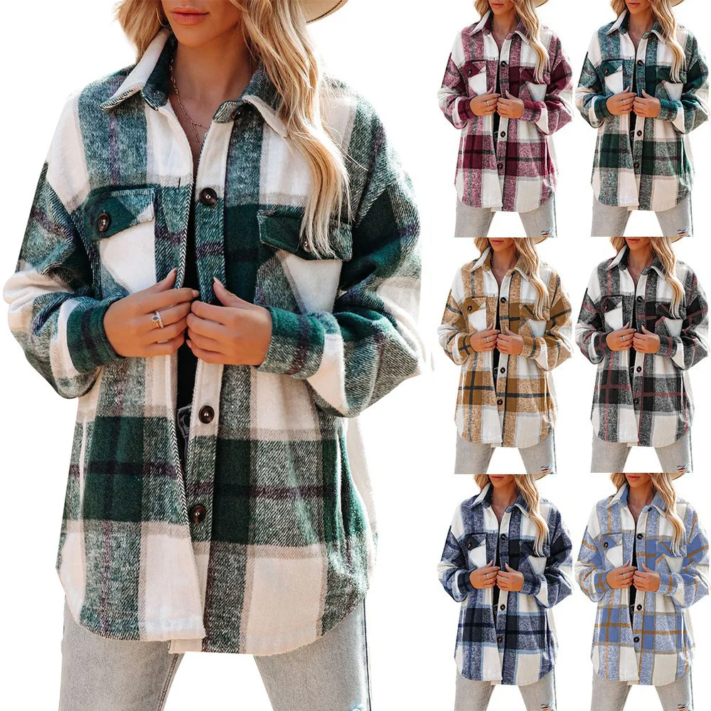 

DEARIRIS Women's Long Checked Shirt Button Casual Loose with Pocket