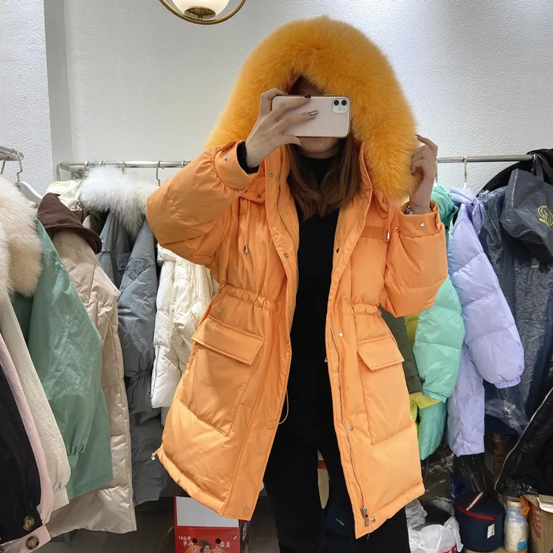 2022 Women Winter Duck Down Coat with Large Real Fox Fur Hood Puff Parkas High Street Cloth Outerwear Loose Thick Warm Oversized