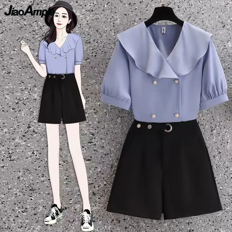 

2022 Summer Graceful Peter Pan Collar Solid Shirt Black Shorts Two Piece Set Korean Office Lady Elegant Button Blouse Pants Suit