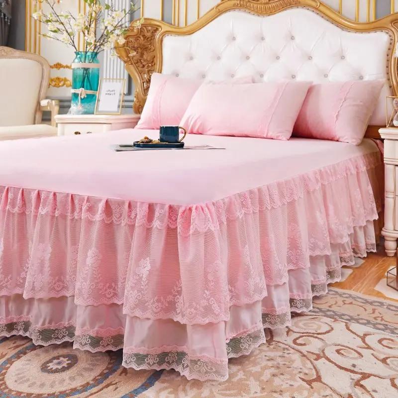 

Lace Skirt Bedding Bed Princess Beige Lace Bed Skirt 1 Pair Pillowcase Three-piece Bed Cover Twin Bedspreads