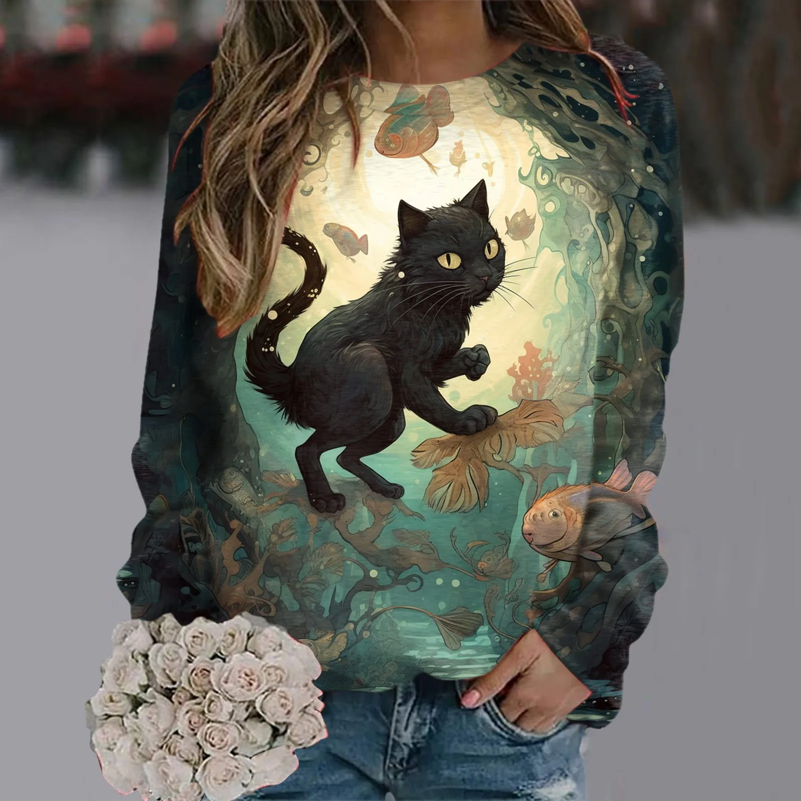 

Женский пуловер с рисунком черного кота, шикарный свитшот с 3D-принтом и круглым вырезом, уличная одежда свободного кроя, одежда для Хэллоуина для дам на осень