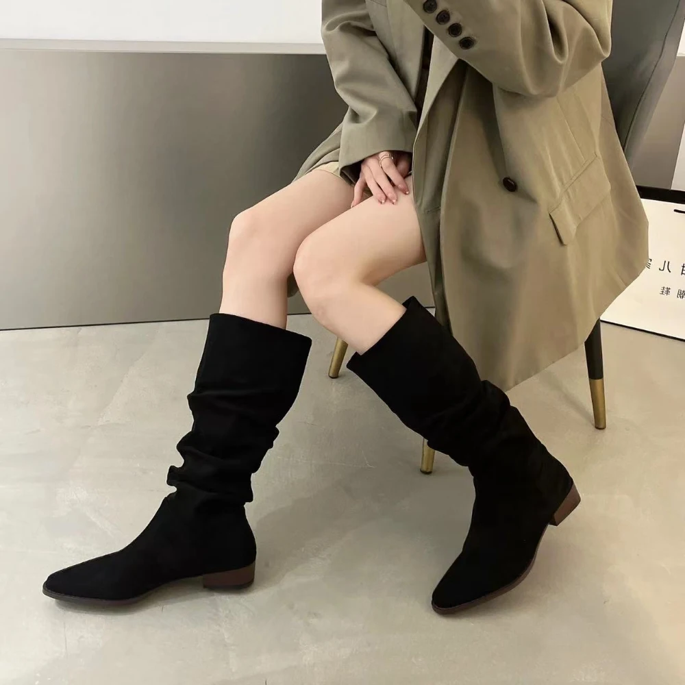 Western cowboy thick heel pile shoes women autumn style 2023 new but knee boots female style big girt female boots