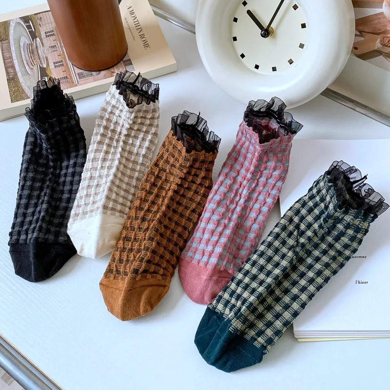 

Women's Solid Color Socks Spring and Summer Thin Style Ins Trendy Lace Small Plaid Japanese Vintage Style Cotton Socks Versatile