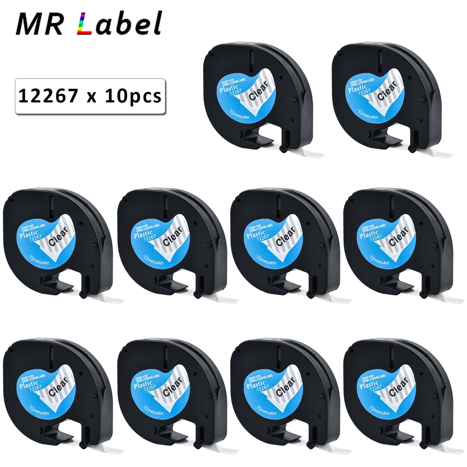 

10PK 12267 16951 16952 12mmx4m Label FOR Dymo Letratag Black on transparent Plastic tape for Letratag LT-100H LT100T