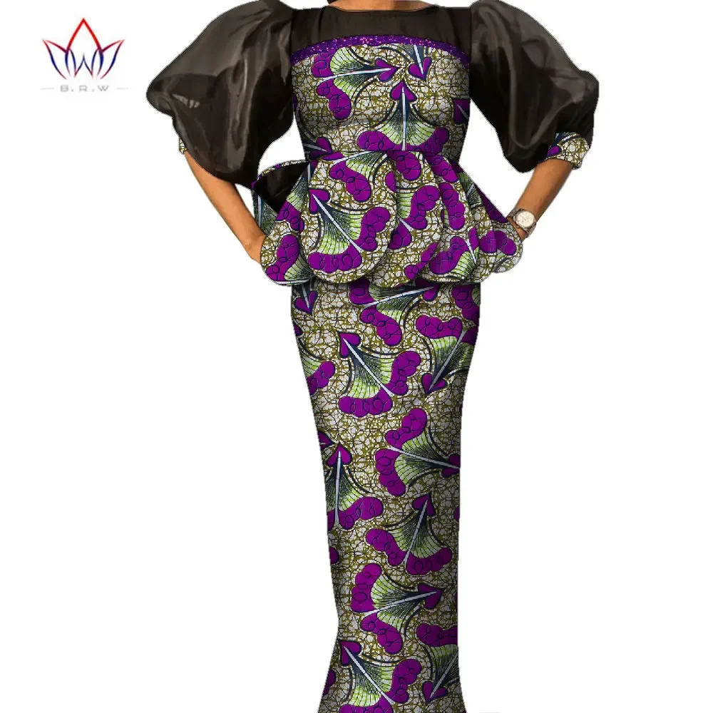 

Customize African Print Puff Sleeve Tops and Skirt Sets for Women Bazin Riche African Clothing 2 Pieces Shirt Skirts Sets WY9593