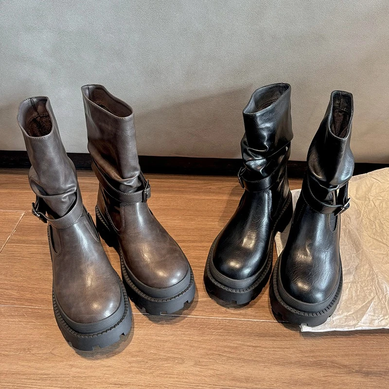 Женские ботильоны на плоской подошве и платформе новые кожаные плиссированные