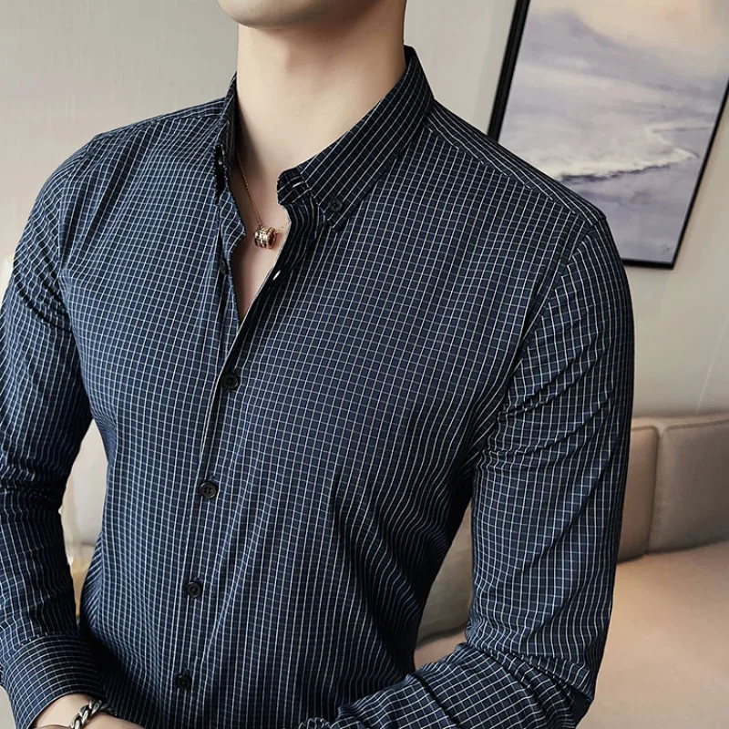 High Quality Long-sleeve Shirts Men's Fashion Plaid Casual Business Formal Dress Shirt Slim Fit Social Blouse Men Clothing 2022
