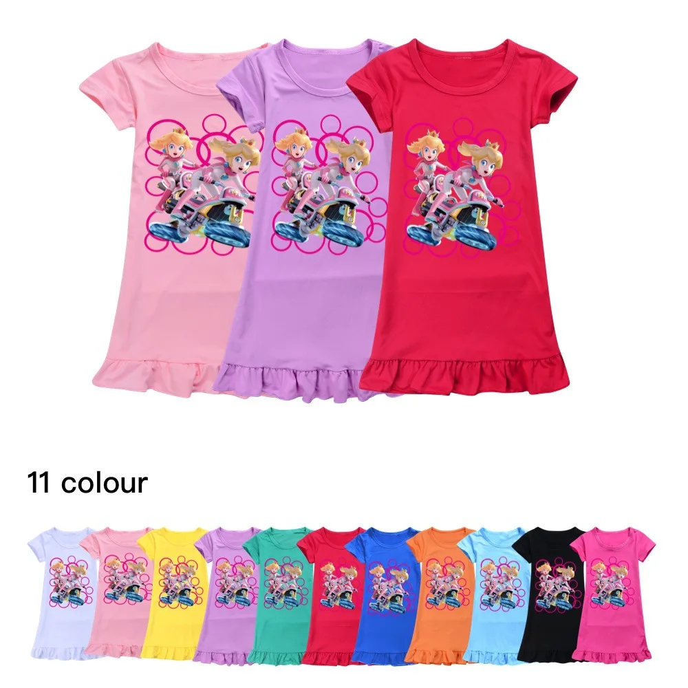 

2023 Girls princess peach Nightgown Pajamas Kids Short Sleeve Nightdress Cute Cartoon Baby Sleep Dress Homewear