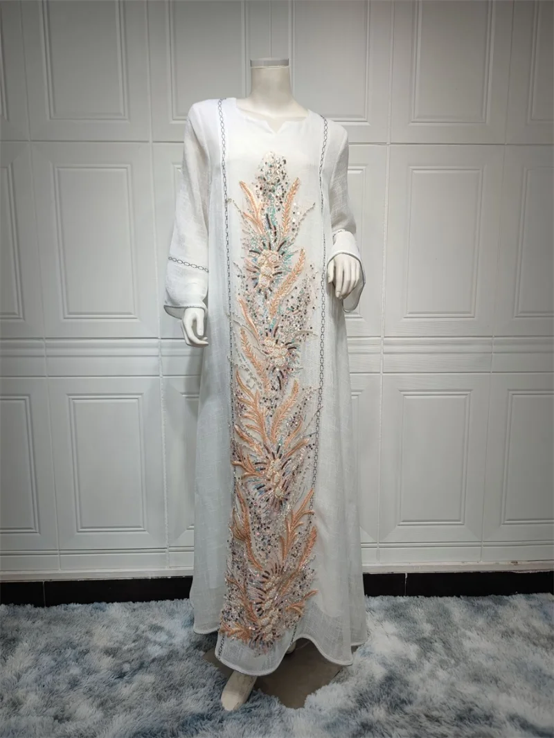 Elegant Casual Floral Embroidery Sequins Beading Long Dress Eid Mubarak Kaftan Dubai Abaya Turkey Muslim Prom Dresses