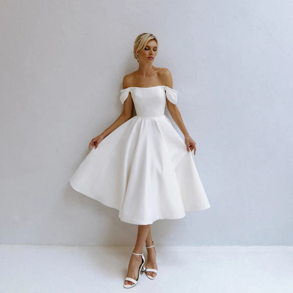 

Короткое атласное свадебное платье-трапеция цвета слоновой кости UZN, свадебные платья с открытыми плечами и лямками, свадебные платья длиной до середины икры, свадебные платья Дубая