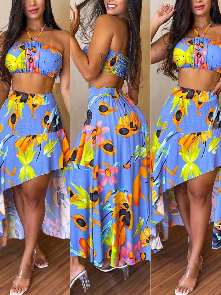 

Женское платье с юбкой миди, повседневный комплект из кроп-топа и асимметричной юбки с цветочным принтом в стиле бохо, лето 2022