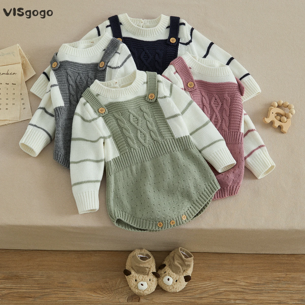 VISgogo Toddler Baby Knit Sweater Rompers Striped Casual Fake Two Piece Warm Long Sleeve Jumpsuit for Newborn Girl Boy