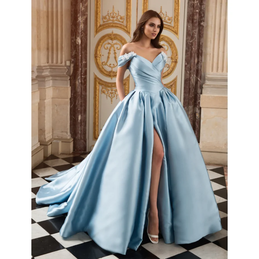 

Sexy High Slit Long Ball Gowns Exquisite Draped Bodice 3D Floral Appliques on the Off- Shoulder Sleeves Backless Prom Dresses