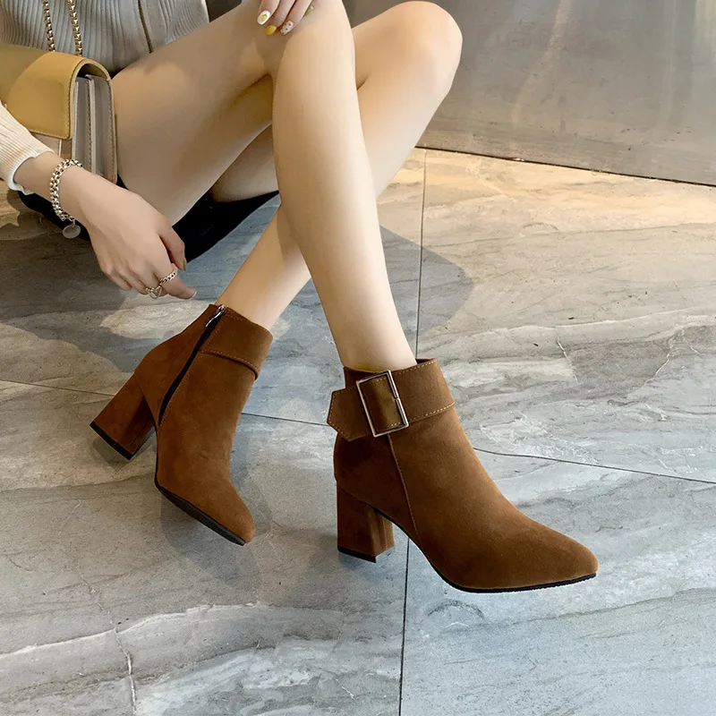 Fashion Women Boots Casual Leather High Heels Spring Autumn Shoes Woman Pointed Toe Ankle Boots Ladie Casual Shoes Zapatos Mujer
