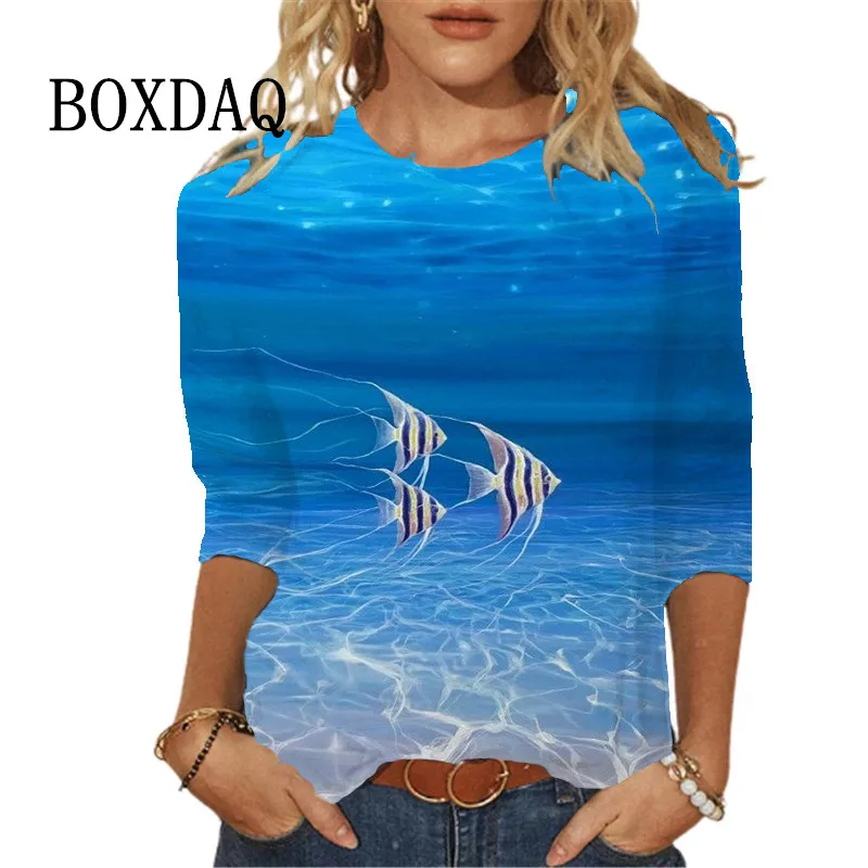 

Женская футболка с 3D принтом «Морской мир», забавные милые футболки с принтом рыбы, футболки с длинными рукавами, топы, осенние новые свобод...