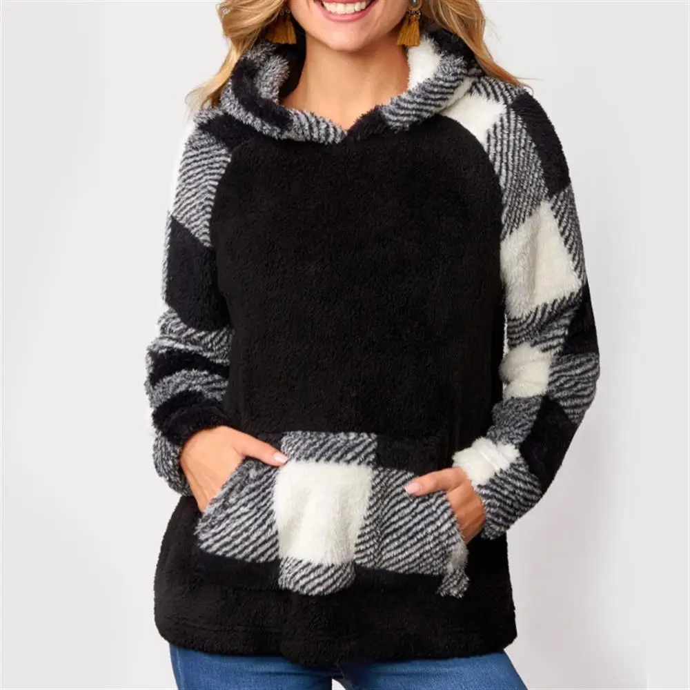 

Plus Size Women Colorblock Plaid Hoodies Long Sleeve Hooded Couples Sweatshirt Fashion Clothes Casual Pullover Oversized Tops