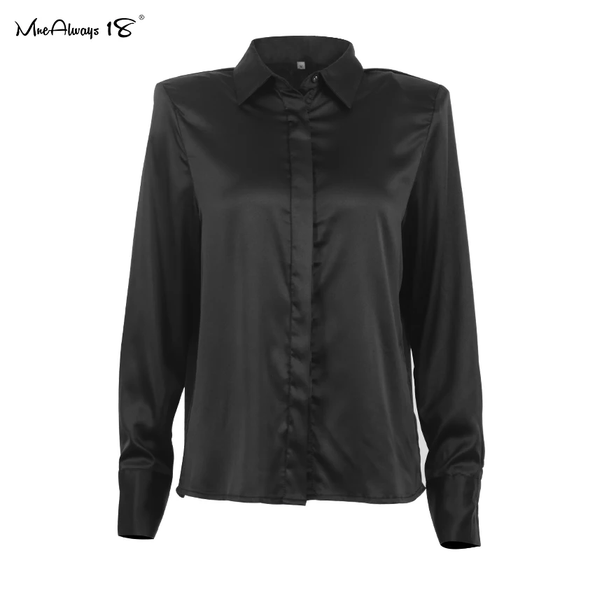 Элегантные атласные женские рубашки Mnealways18 модная Осенняя черная блузка с