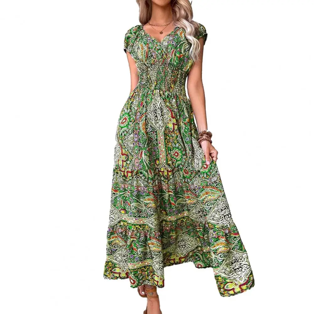 

Платье женское длинное с V-образным вырезом, винтажный Повседневный Сарафан с коротким рукавом, с эластичным поясом, пляжная одежда в стиле бохо с широкой юбкой, на лето