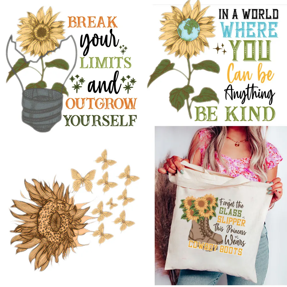 

Break Your Limit Sunflower Heat Transfer for Girls Clothing DIY T-shirt Hat Applique Printed Plants Patch on Clothes Decals
