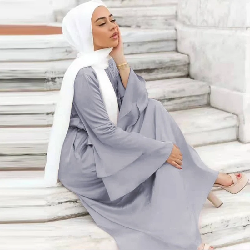 2022 New European And American Solid Color Satin Dress Double Layer Flare Sleeve Middle East Muslim Women 'S Robes