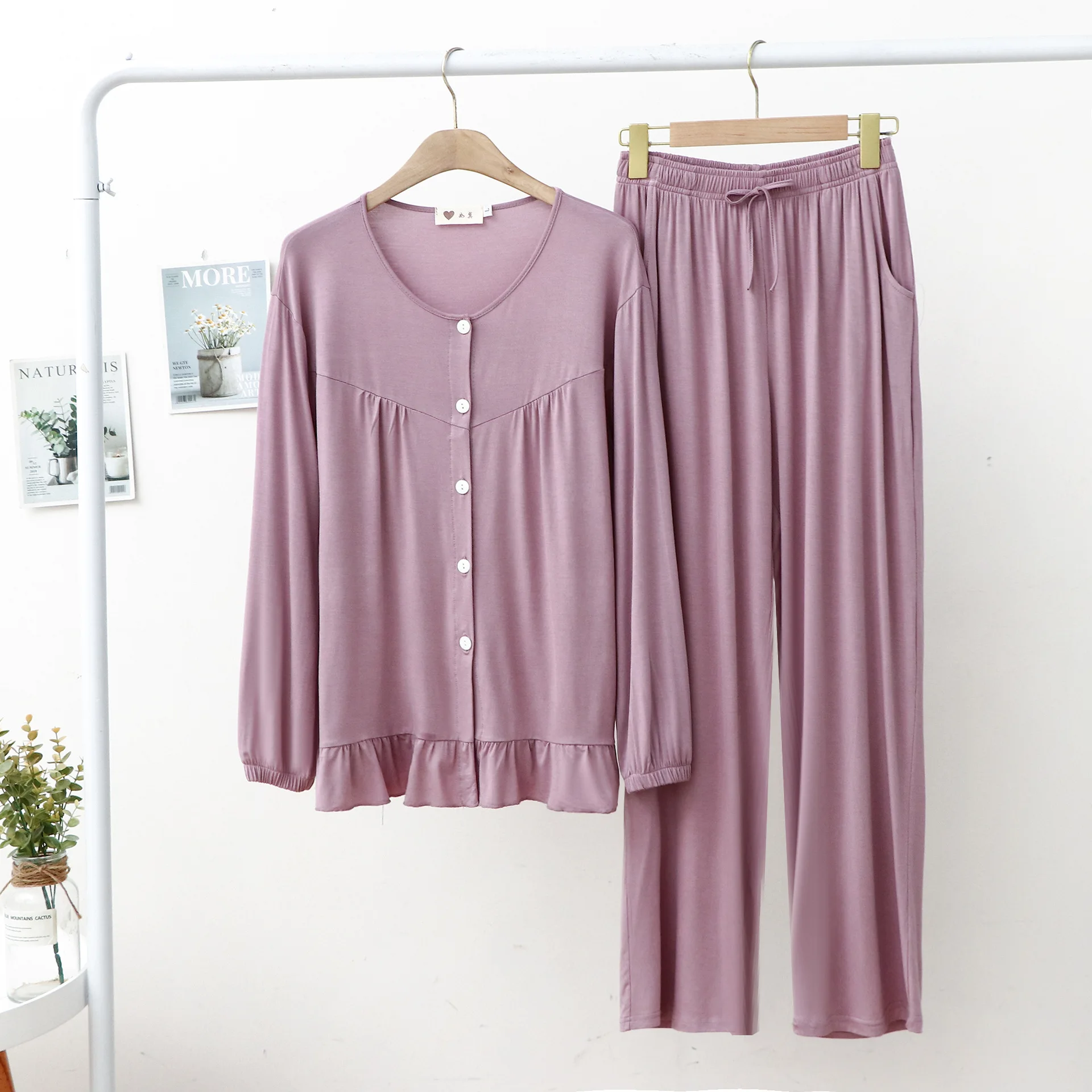 Modal Tracksuit Pajamas Women Breasted Pleated Long Sleeve Trousers Sexy Two Piece Set Solid Color Soft Good Drape Casual Outfit