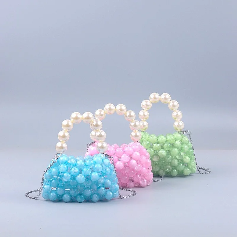 

Summer New Macaron Color Acrylic Beads Mini Crossbody Bag Handmade Beaded Pearl Small Handbag Girls Coin Wallet Female 2022