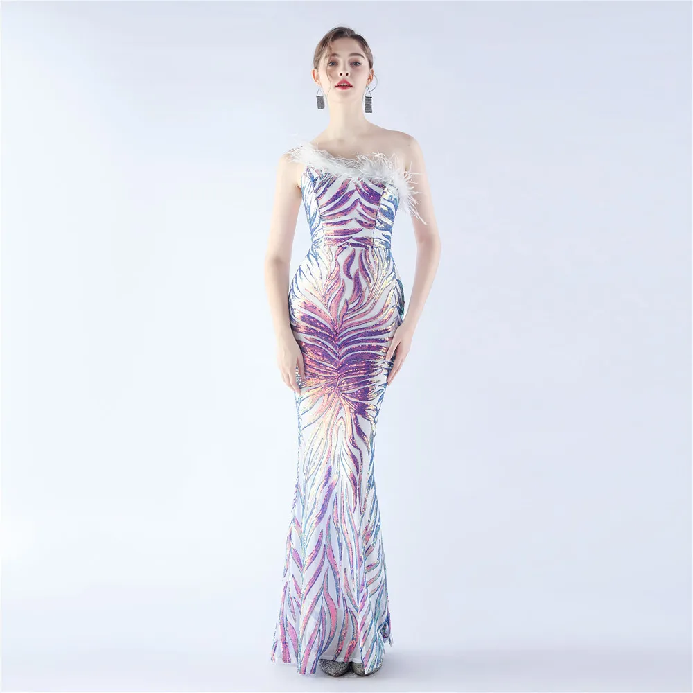

Luxury Elegant 2023 Evening Special Ocassion Party Wedding Guest Long Dress Sequin Mermaid Formal with A Bling and Feathers