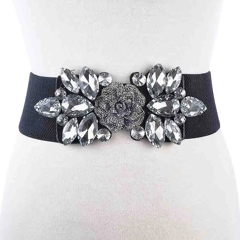 For girdle women Hot European and American woven elastic Artificial crystal wide belt lady fashion Cummerbunds Female Rose belts