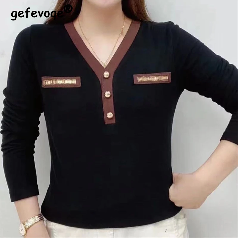 

2022 Spring Autumn New Fashion T-Shirt Women Button V Neck Long Sleeve Korean Style Ladies Shirts Solid Color Slim Pullover Top