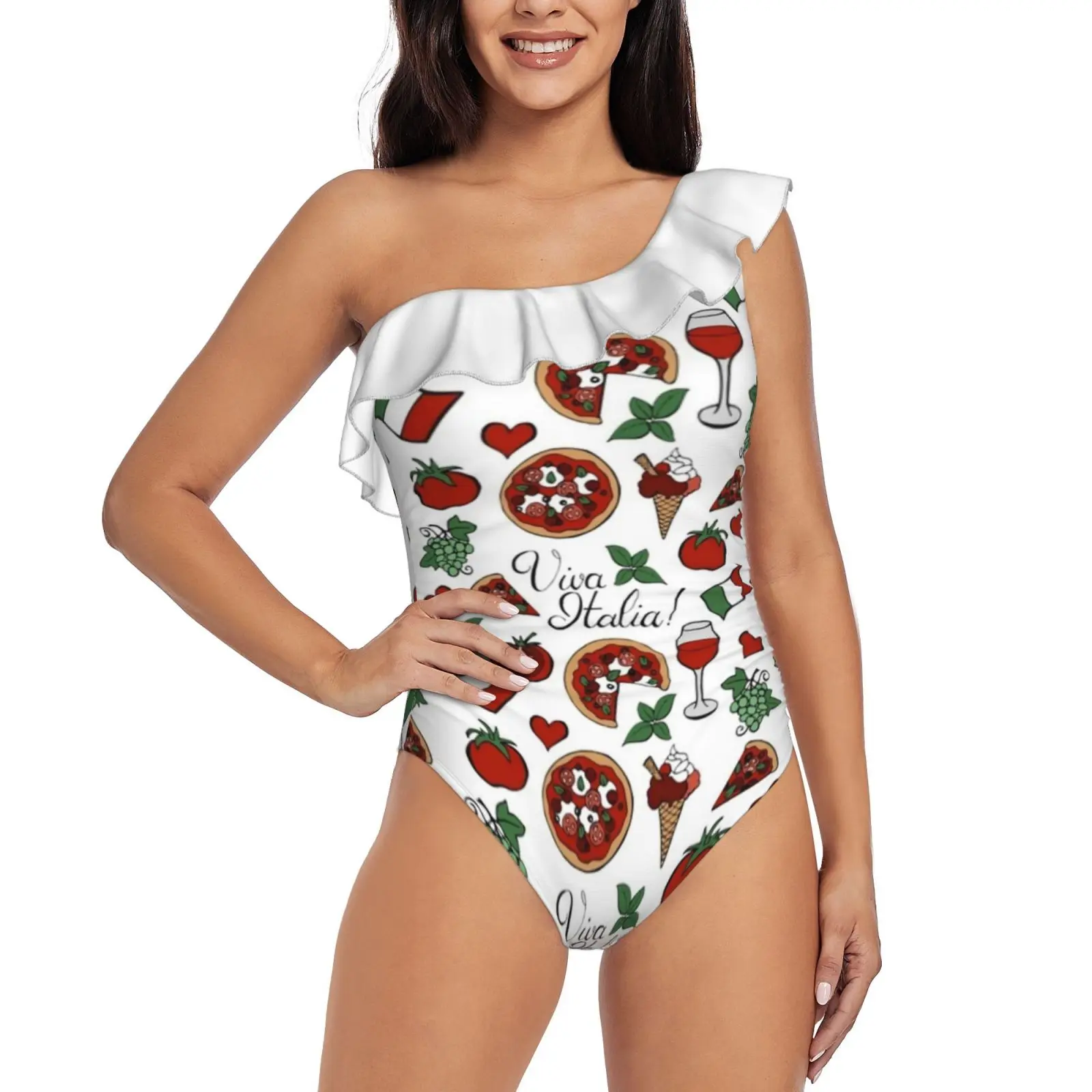 

Женский купальник на одно плечо с оборками и принтом