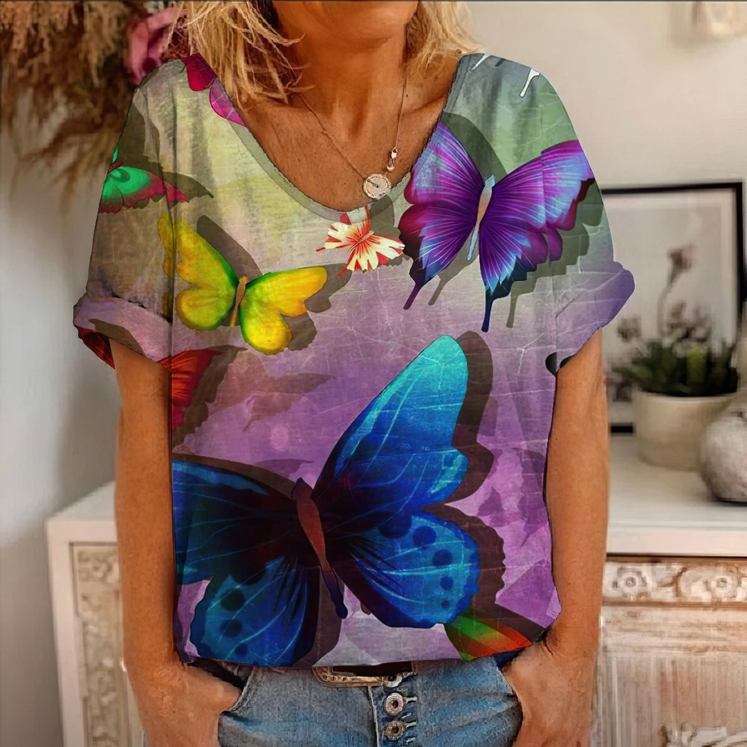 

Summer Women Harajuku T-shirts Fashion Vintage Butterfly Print Short Sleeve Pullover Casual V-Neck Loose Plus Size Female Tops