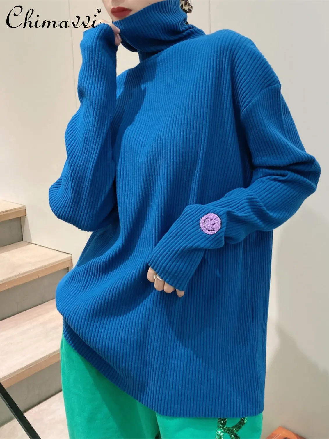 

2022 Winter New Ladies Fashion Turtleneck Knitting Bottoming Shirt Women's Simple Casual Loose Long Sleeve Pullover T-shirt