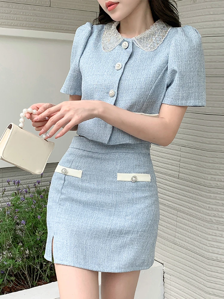 

Женский твидовый костюм с коротким рукавом, Маленький очаровательный костюм из двух предметов, элегантная юбка и кукольный воротник из бисера, корейский модный костюм для женщин на лето