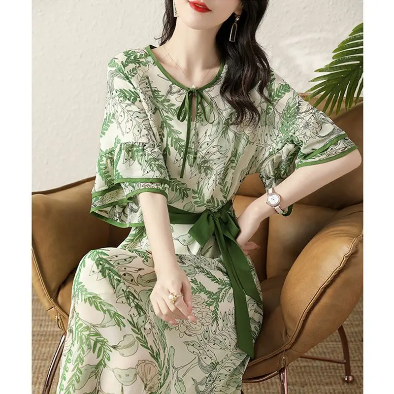 

2023 Summer New Korean Edition Fashion Print Temperament Ruffled Loose Lace Up Dress For Women
