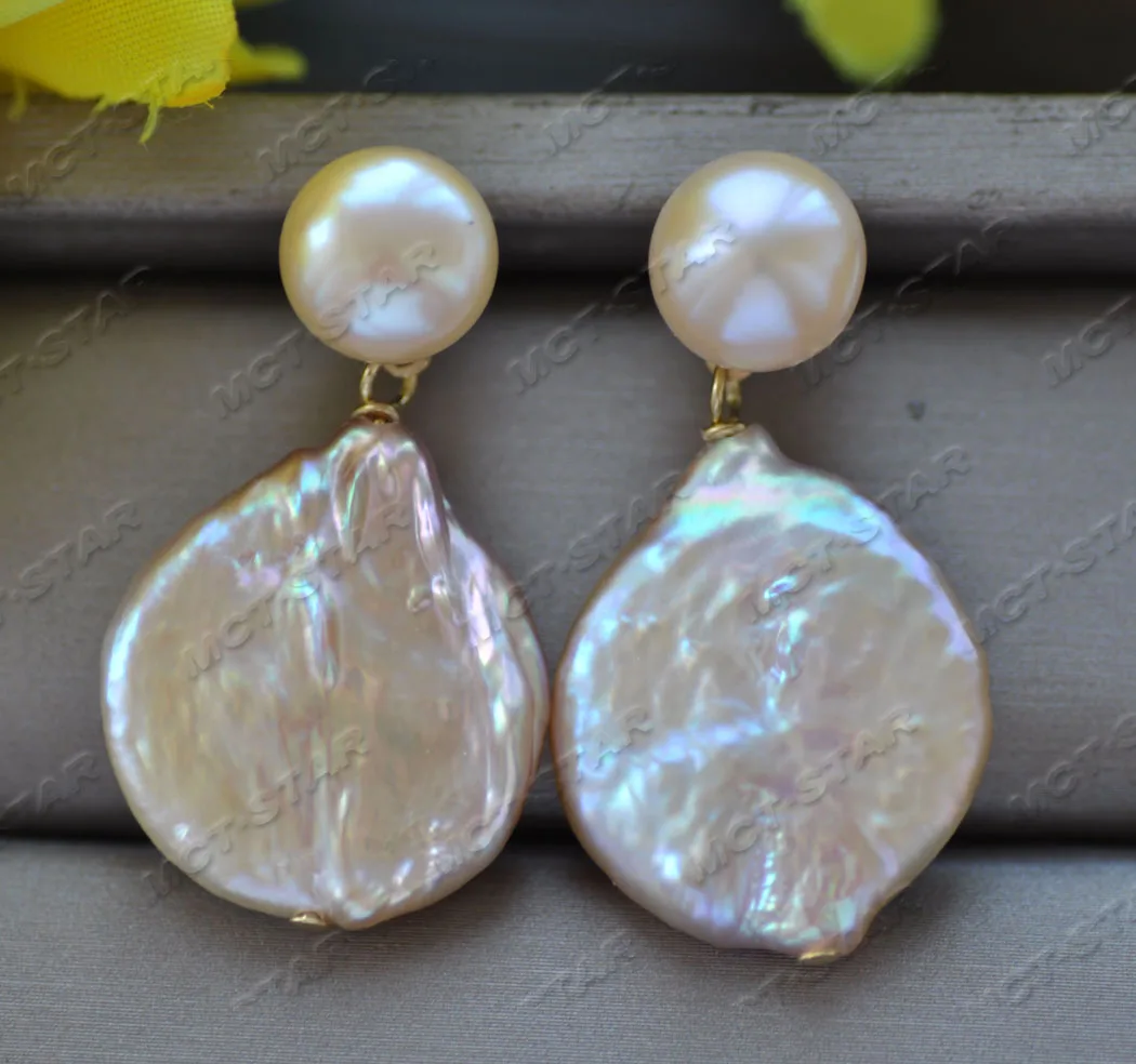 

Z11954 20mm Pink Coin Freshwater Round Pearl Dangle Earring