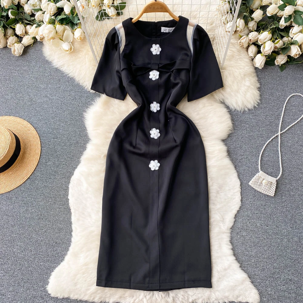 

VANOVICH French Style Sweet Waist Slim Dress Summer New Women's Three-dimensional Flower Temperament Black A-line Mid-Calf Dress