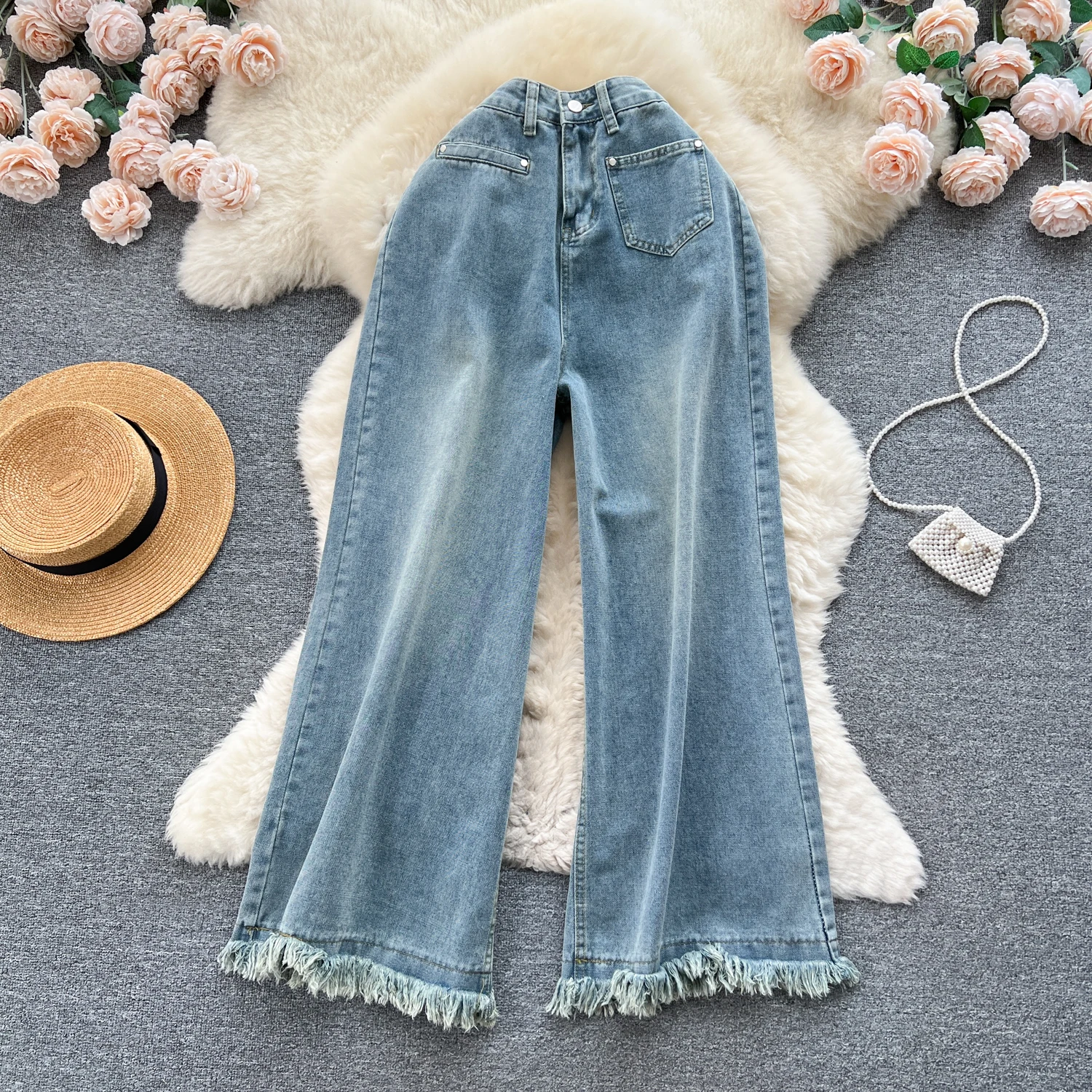 

Женские винтажные широкие джинсы SuperAen, повседневные свободные брюки с бахромой и высокой талией