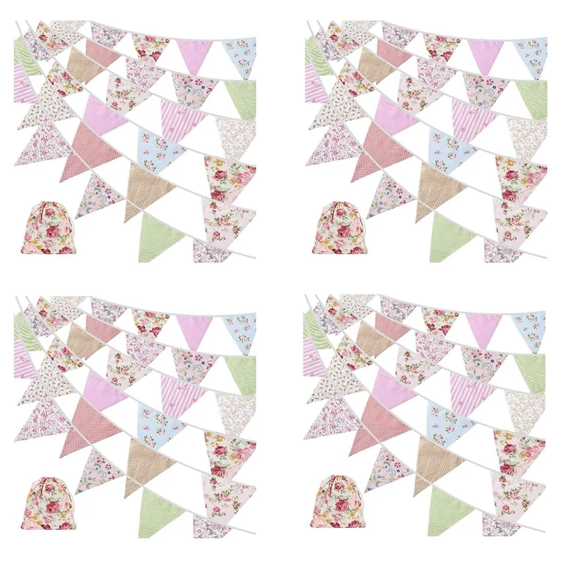

4X 40Ft Fabric Bunting, 42Pcs Outdoor Bunting Banner,Floral Vintage Cotton Triple-Cornered Flag For Birthday Party
