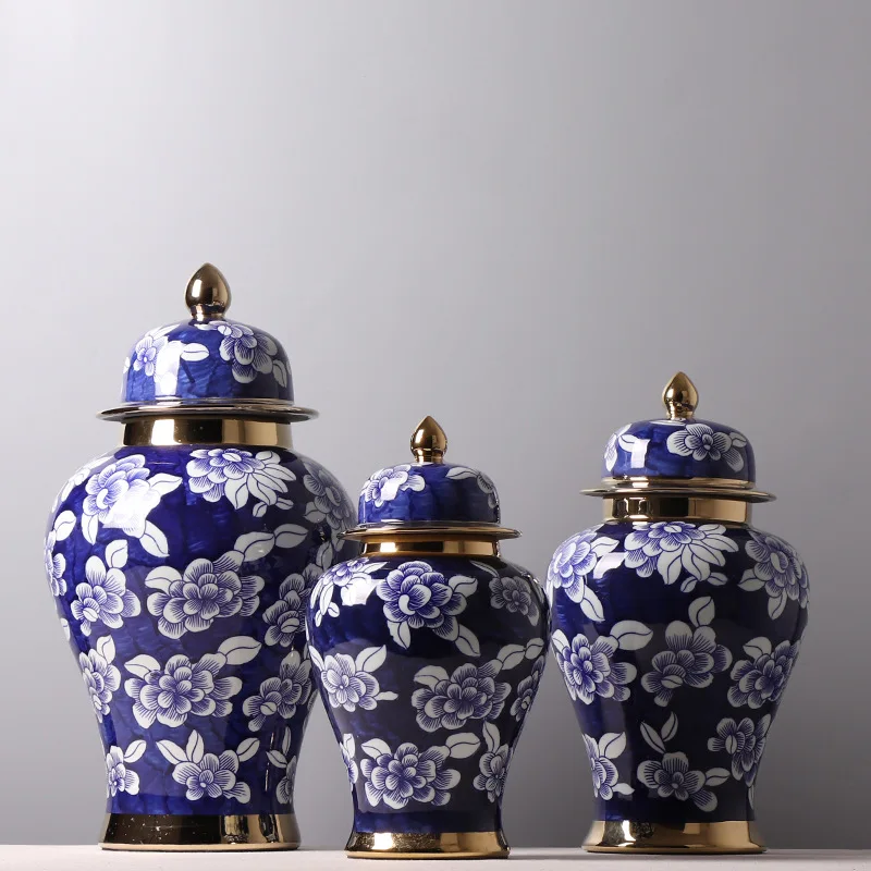 

Blue and White Porcelain General Jar Storage Tea Tin Porcelain Ginger Jar Vase Flower Arrangement Home Decoration Ornaments