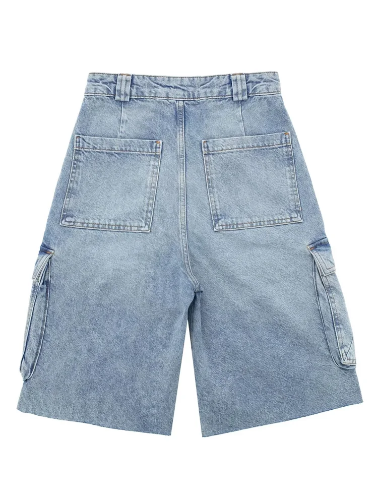 PAILETE Women 2023 fashion with pockets straight denim bermuda shorts vintage  mid-rise zipper fly female short pants mujer