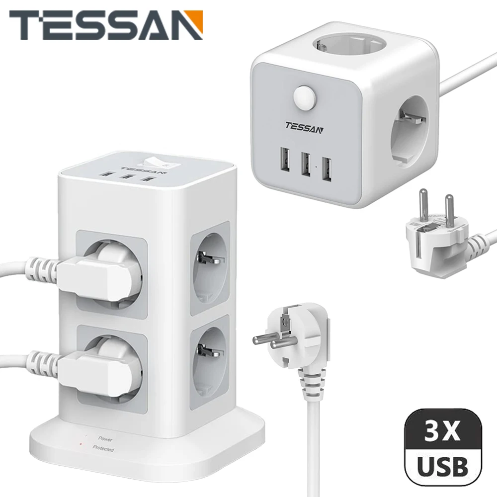 TESSAN EU Extension Socket Power Strip with 4/8 AC Outlets 3 USB Ports, Cube Socket with 1.5m/2m Extension Cable for Home Office