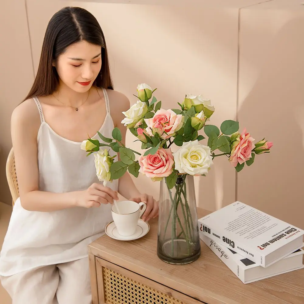 

Green plant single branch double head rose imitation flower manufacturer fake flower wholesale wedding decoration ins cross-bord