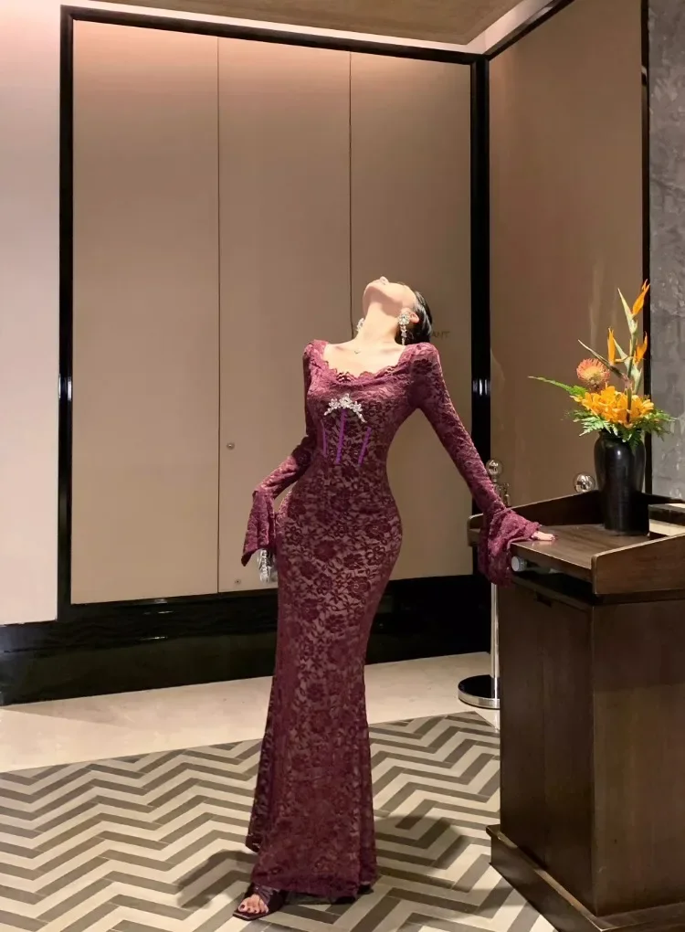 Платье-Русалка Женское кружевное с длинным рукавом