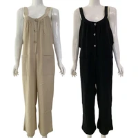 solid color women pockets overall dungarees jumpsuit buttons cotton linen bib dungarees