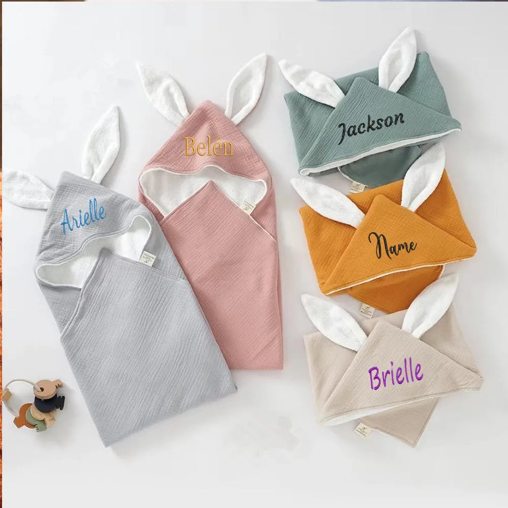 

Embroidered INS Baby Bath Towel Belonging To Your Name, Pure Cotton Double Layer Tulle Baby Cape, Rabbit Ear Scarf Bag, Boy And